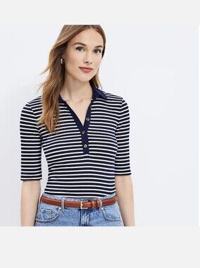 NET LOFT Navy and White Striped Polo Shirt Large